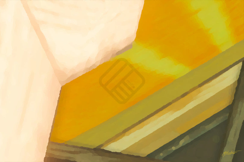 A digital abstract painting. An off-white shape dominates the left third of the horizontal canvas. A geometric orange shape with 2 green stripes fills the middle. Diagonal strips taper thinner off the bottom-left of the canvas, each a darker shade than the one before it.