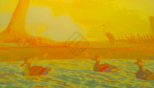 A digital media painting of three ducks in a pond in in the foreground. A crane and a tree fade into the yellow sunset in the background.