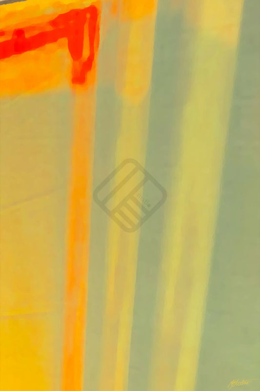 A digital media painting with a red blade-like shape in the top left corner of a long vertical canvas. Three vertical run the length of the canvas, a green one to the right, a green and orange one on the middle, and an orange one on the left trailing from the red shape. The open space on the canvas is filled with a blue and yellow wash.