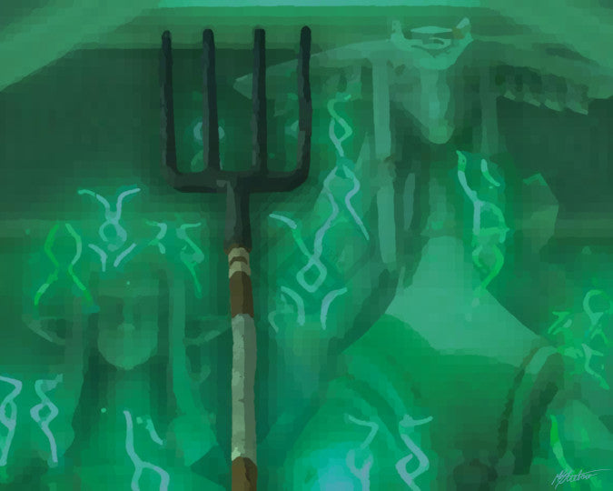 A digital painting of two figures, one larger, one smaller,standing next to a pitchfork. It resembles American Gothic, but very green.